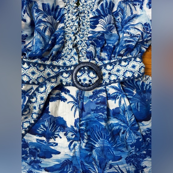 FARM RIO ANTHROPOLOGIE Blue Floral V-Neck Romper with Belt - Picture 8 of 12